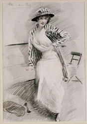 Madame Paris zittend op een banket