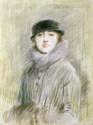 Portret van een Dame met een Bontkraag en Muff, 20e eeuw (tekening)