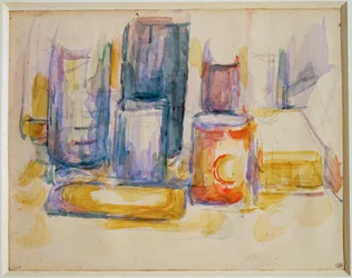 Een keukentafel, potten en flessen (schilderij)
