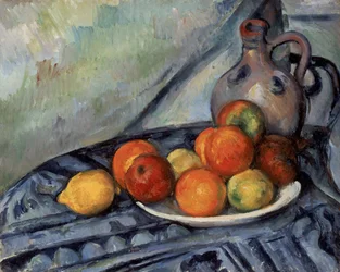 Fruit en een kruik op een tafel