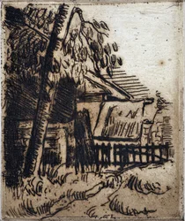 Huis in Auvers sur Oise (Auvers-sur-Oise). Gravure door Paul Cezanne (1839-1906). Ets. Afm: 13,4x11,1cm. Musée Granet, Aix En Provence.