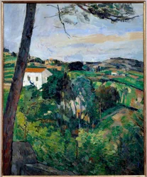 Landschap met rode daken of pijnboom in l