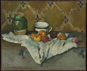 Stilleven met kan, kopje en appels