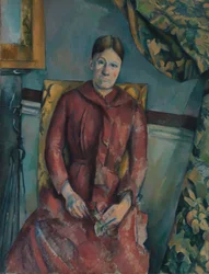 Madame Cézanne Hortense Fiquet in een rode jurk, 1888-90