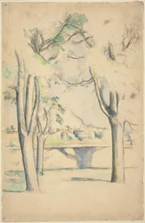 Mont Sainte-Victoire gezien voorbij de muur van de Jas de Bouffan