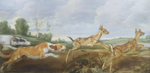 Een jachttafereel: honden achtervolgen twee faunen