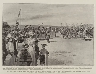 De Militaire Review en Inspectie van de Strijdkrachten van New South Wales door de Gouverneur, Sir Robert Duff, en Generaal-majoor Hutton, in Centennial Park, Sydney