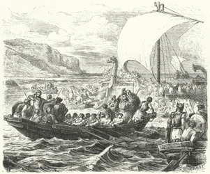 Fenicische schepen landen aan een kust