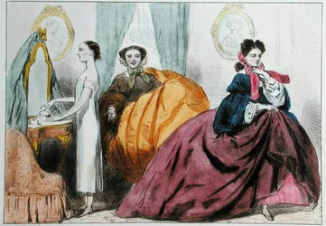 Cartoon die de mode van de crinoline satiriseert, ca. 1860