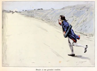 Desaix heeft zijn eerste gevecht: Charles Antoine Desaix de Veygoux (1768-1800) neemt een gevangene in Landau in der Pfalz (Duitsland) terwijl het leger zich terugtrekt - illustratie door Emile Boutigny (1853-1929) in 