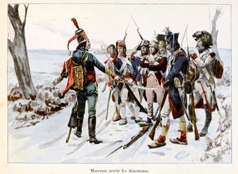 Marceau arresteert deserteurs: François-Séverin Desgraviers Marceau (1769-1796) houdt de soldaten van het Republikeinse leger in de Vendée (85) vast - Illustratie door Emile Boutigny (1853-1929) in 