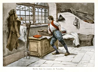 Rumoer in de stallen van Versailles: Lazare Hoche (1768-1797) trad op 14-jarige leeftijd toe tot de koninklijke stallen als boventallig assistent - Illustratie door Emile Boutigny (1853-1929) In 