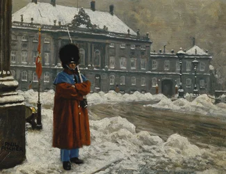 Een koninklijke lijfwacht in dienst buiten het Koninklijk Paleis Amalienborg, Kopenhagen