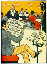 Reclameposter voor een drukkerij met een barscène