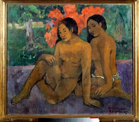 En het goud van hun lichamen. Twee naakte Tahitiaanse vrouwen die poseren. Schilderij van Paul Gauguin (1848-1903), 1901. Zon. 0,67 x 0,76 m. Parijs, Musée d