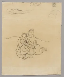 Fragmenten van lichamen, een decoratief ontwerp en twee gehurkte Tahitiaanse vrouwen in een landschap gerelateerd aan Nafea Faaipoipo