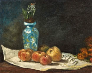 Frans:  Jacinthe et pommes sur un journal Hyacint en appels op een krant