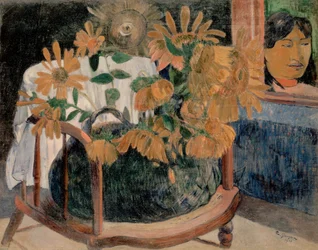 Frans: Nature morte avec des tournesols sur un fauteuil (II) Zonnebloemen