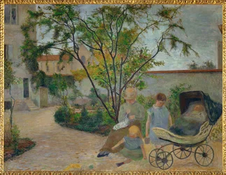 Jardin a Vaugirard, ou La Famille du peintre dans le de jardin la rue Carcel (olieverf op doek)
