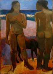 Twee Tahitiaanse vrouwen op het strand