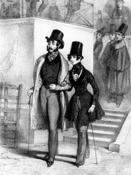 George Sand (r) verkleed als student, en haar minnaar Jules Sandeau in Parijs, c. 1831, gravure door Paul Gavarni (1804-1866)
