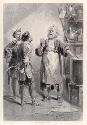 Gulliver betreedt een kamer in de grote Academie van Lagado, gevuld met een afstotelijke geur, uit de Franse uitgave van „Gullivers reizen” van Jonathan Swift
