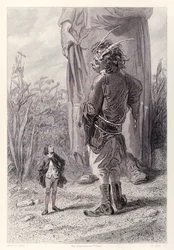 Gulliver ontmoet de 30 voet lange dwerg van de koningin die verheugd is iemand in het hof te hebben die kleiner is dan hij om te kwellen, uit de Franse editie van Gullivers Reizen door Jonathan Swift