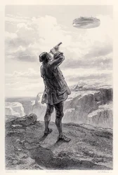 Gulliver ziet het vliegende eiland Laputa voor het eerst en bekijkt het door zijn telescoop, uit de Franse editie van Gullivers Reizen door Jonathan Swift