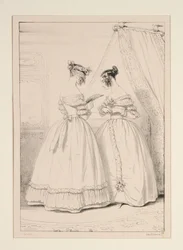 JANUARI 1838. Jurk van crêpe afgezet met een volant van gerimpelde tule.