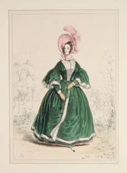 Pelisse van grosgrain, gevoerd met satijn en afgezet met crêpe. Pluchen hoed.