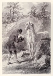 Het paard stopte en staarde naar mij, uit de Franse editie van Gullivers Reizen door Jonathan Swift