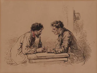 Twee mannen aan een tafel met wijn