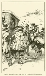 Allen en Hind vallen de koets van Oliver Cromwell aan (gravure)