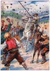 Ze bekogelden Don Quichot met een regen van stenen, illustratie uit 