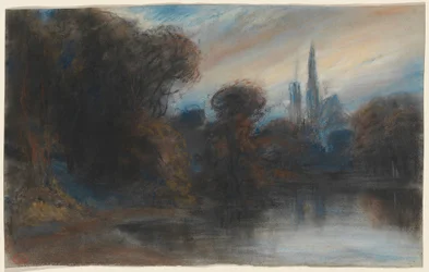 Een abdij bij een bebost meer in de schemering, c.1831 (pastel)