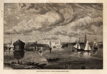 De ingang van de haven van New York. Gravure in Le tour du monde 1861. Selva