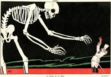 De Kaiser en de dood. Eerste Wereldoorlog 1914-1918: Wilhelm II (1859-1941) in een zee van bloed bedreigd door een skelet. Cartoon die de Duitse domheid belicht en zo het moreel van de Fransen tijdens de oorlog ondersteunt.