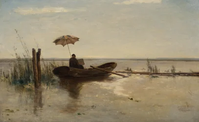 Een schilder, mogelijk de kunstenaar W.B. Tholen, aan het werk in een punter op een zonnige dag