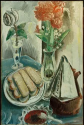Stilleven met koffiekan, bloemen en gebak