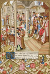 Karel de Stoute, hertog van Bourgondië, 1433-1477, gezeten op zijn troon en bijgestaan door zijn baronnen en raadsheren. Naar een 15e eeuws manuscript, verkorte Kronieken van Bourgondië.