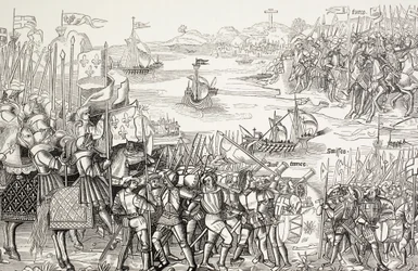 Kruisvaarders landen in Damietta, Egypte, in 1249 tijdens de zevende kruistocht.