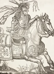 Godfried van Bouillon, ca. 1060-1100, middeleeuwse Frankische ridder. Een leider van de Eerste Kruistocht. Hier afgebeeld, gekroond met de werktuigen van Christus