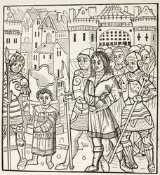 Koning St Louis, Louis Ix van Frankrijk, en zijn twee broers, Alphonse en Charles, worden gevangen genomen door de Saracenen na de Slag van Fariskur, april 1250, tijdens de Zevende Kruistocht.