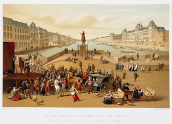 Le Pont Neuf halverwege de 17e eeuw, "17e eeuw - Instellingen: gebruiken en kostuums, Frankrijk 1590-1700" door Paul Lacroix
