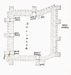Plattegrond van Antiochië uit de 13e eeuw met de vijf poorten. Naar een 13e eeuws manuscript.