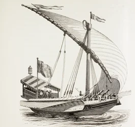 Pontificaal galei met zeilen, roeispanen en zware artillerie. Het voert de pauselijke vlag. Naar een tekening van Breugal de Oudere.