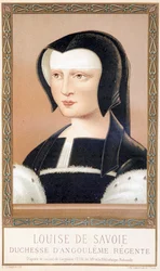 Portret van Louise de Savoie (1476-1531), Hertogin van Angoulême en Regentes van Frankrijk. Chromolithografie uit 