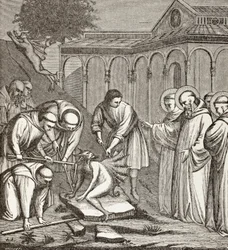 Sint Benedictus en de duivel. Toen Benedictus een kapel bouwde, zat de duivel op een steen en niemand kon hem bewegen totdat Benedictus de steen zegende. Toen vluchtte de duivel.