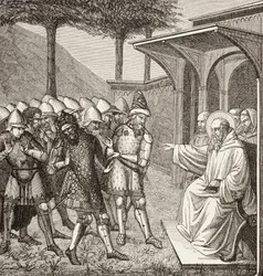Sint Benedictus van Nursia verwijt Baduila Aka Totila, koning van de Ostrogoten, dat hij hem heeft bedrogen en voorspelt zijn dood.
