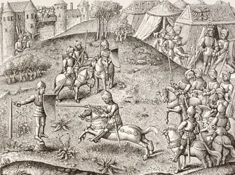 De draaiende afbeelding van een ridder. Naar een miniatuur in de 15e-eeuwse Chroniques De Charlemagne.